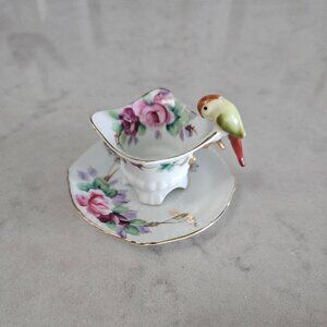 LIKE NEW RARE KT MINIATURE SQUARE-SHAPED TEACUP AND SAUCER WITH PARROT & FLOWERS